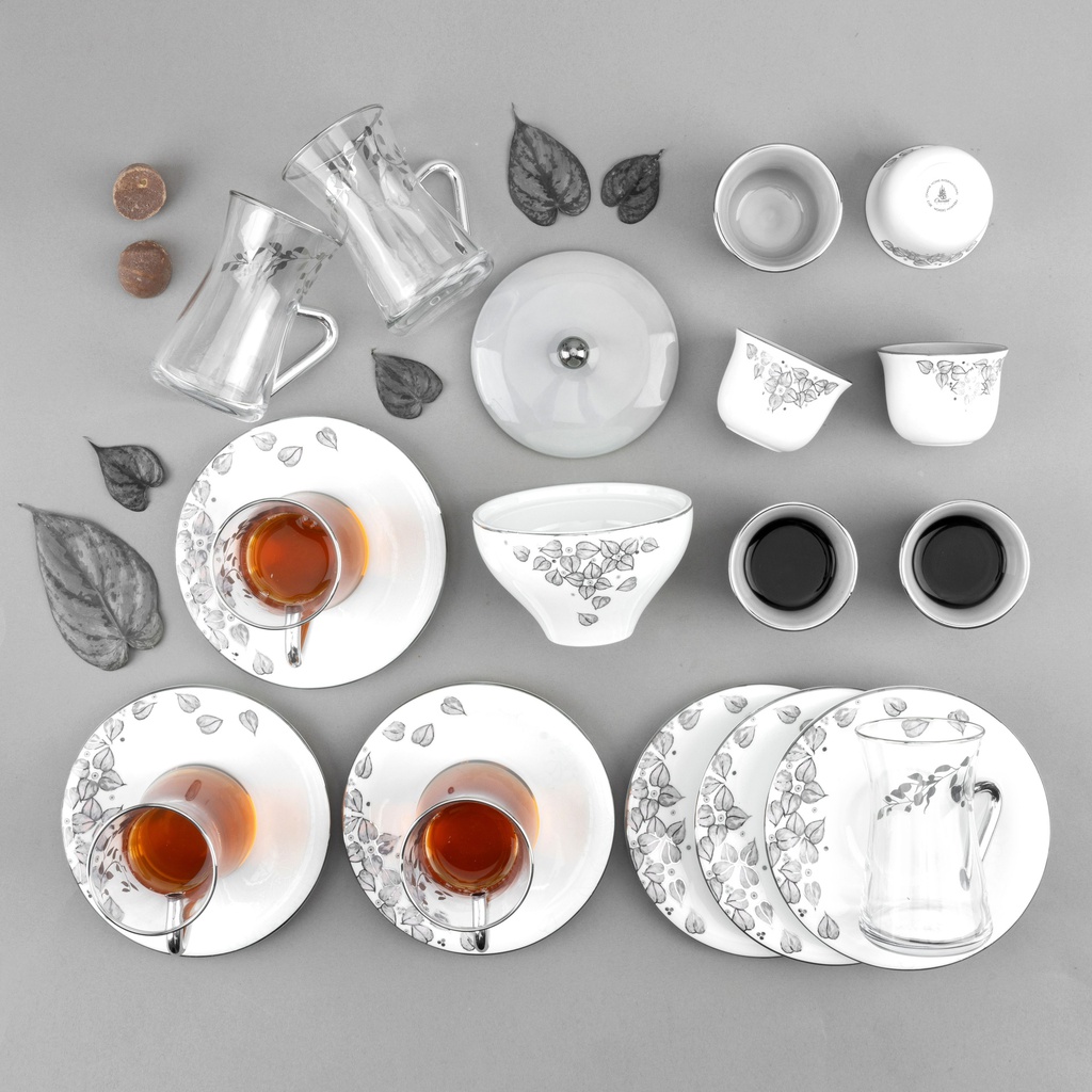 19pcs tea set ( 6 glass 6saucer 6 cawa 1 sugor) - grey + silver   