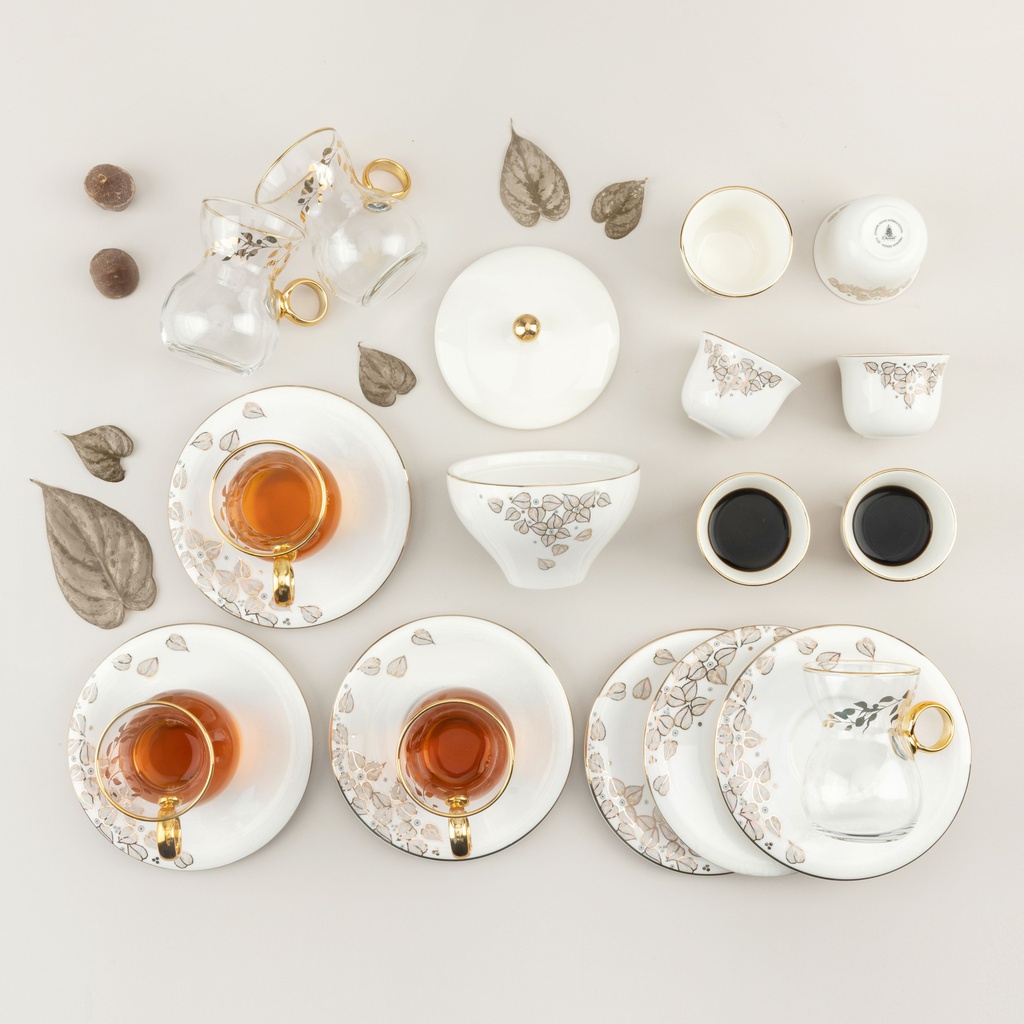 19pcs tea set ( 6 glass 6saucer 6 cawa 1 sugor) - snow white w gold   