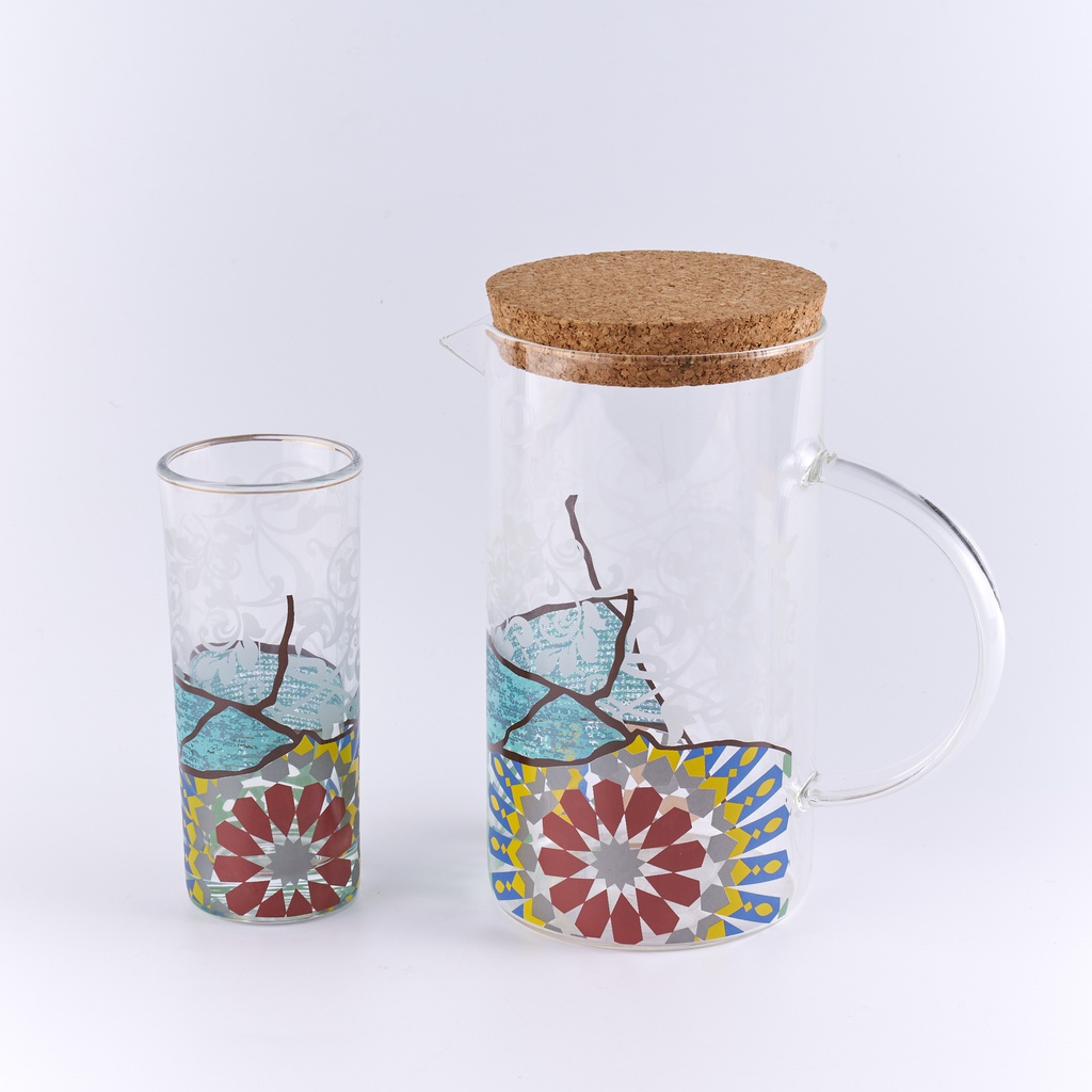 Glass Pitcher with cork + 4 Juice glasses in printed color box